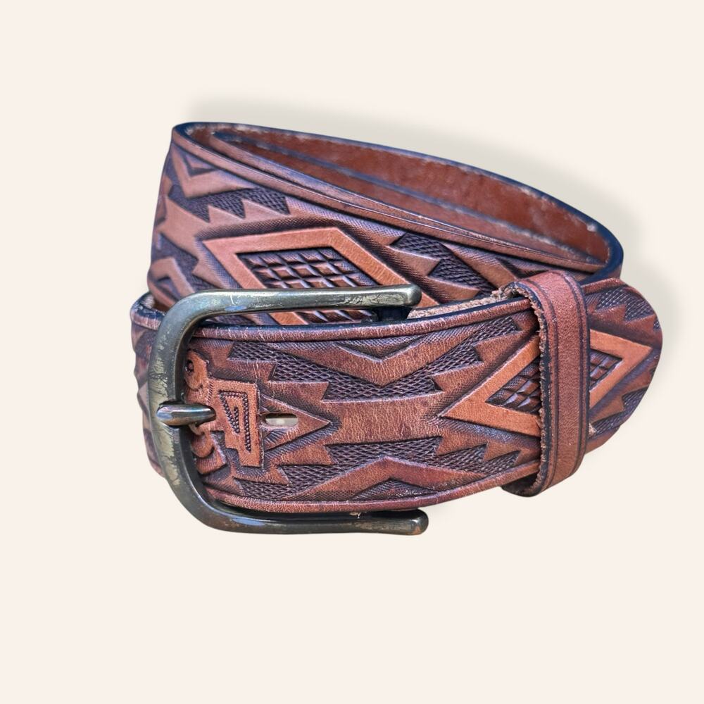 VTG Brown Embossed Leather Belt Geometric Eagle Pattern Top Grain USA Made 34/85